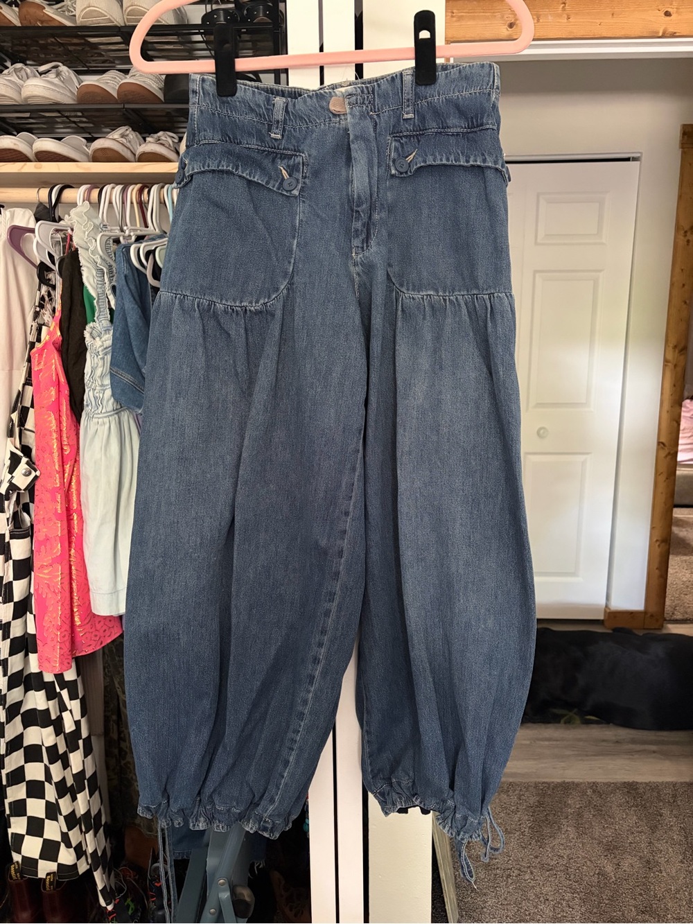 We The Free Blue Balloon Boyfriend Jeans with Drawstring Hems